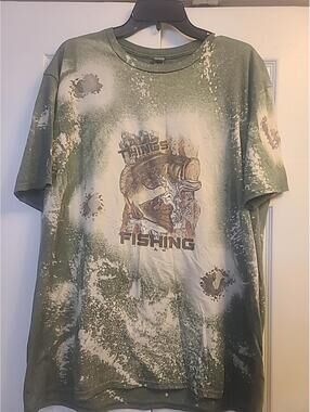 All Things Fishing Handmade Bleached Gildan Softstyle Tshirt Size 2XL Green
